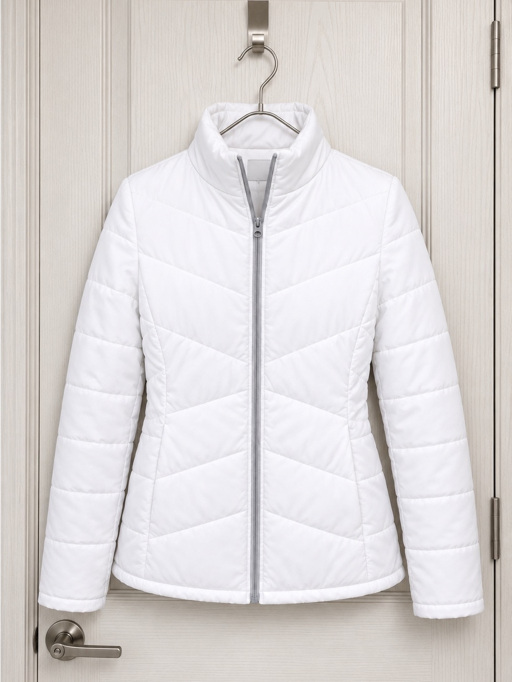 Faded Glory Artic White Quilted Chevron Puffer Jacket with Stand Collar